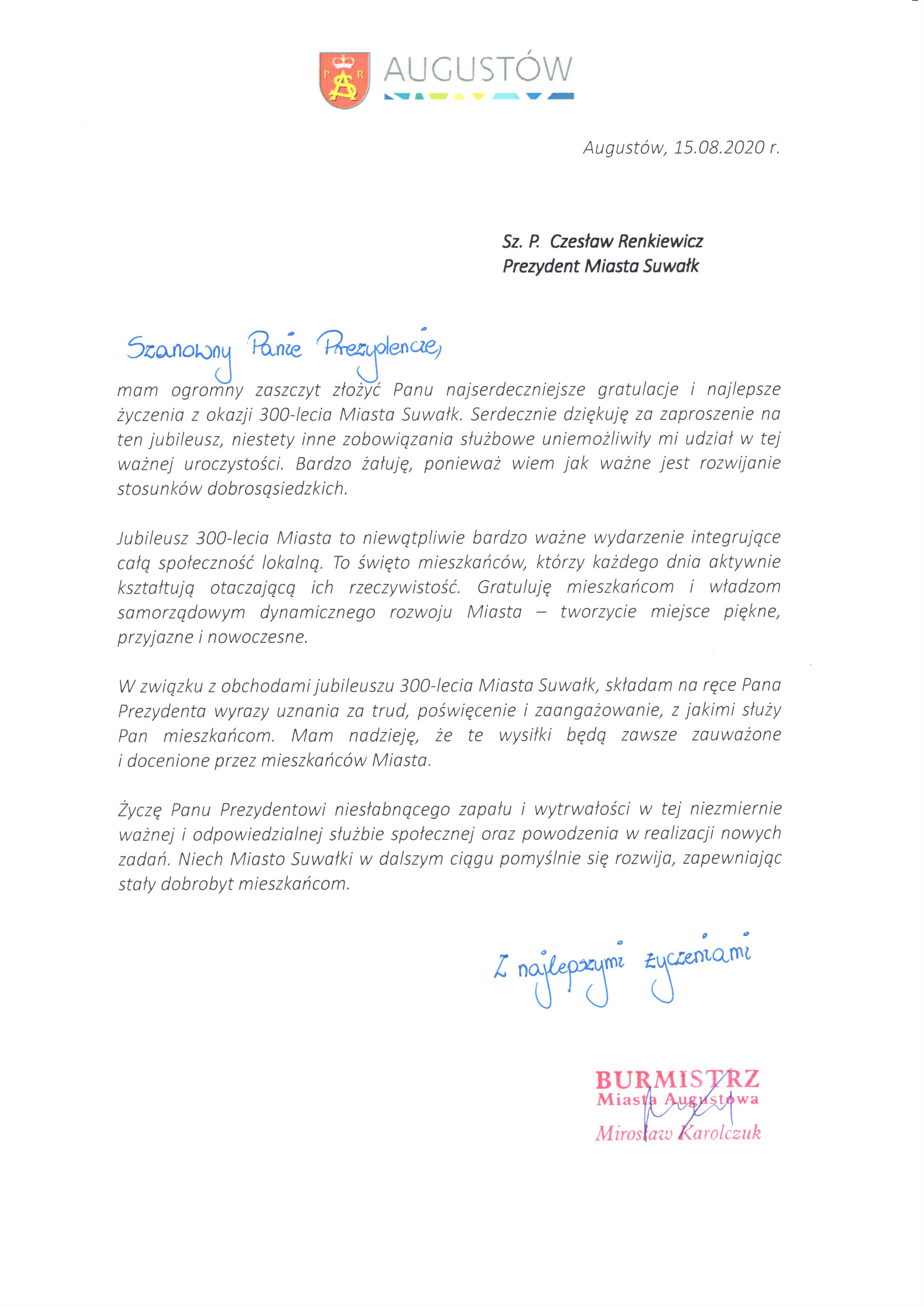 List gratulacyjny Burmistsza Miasta Augustowa