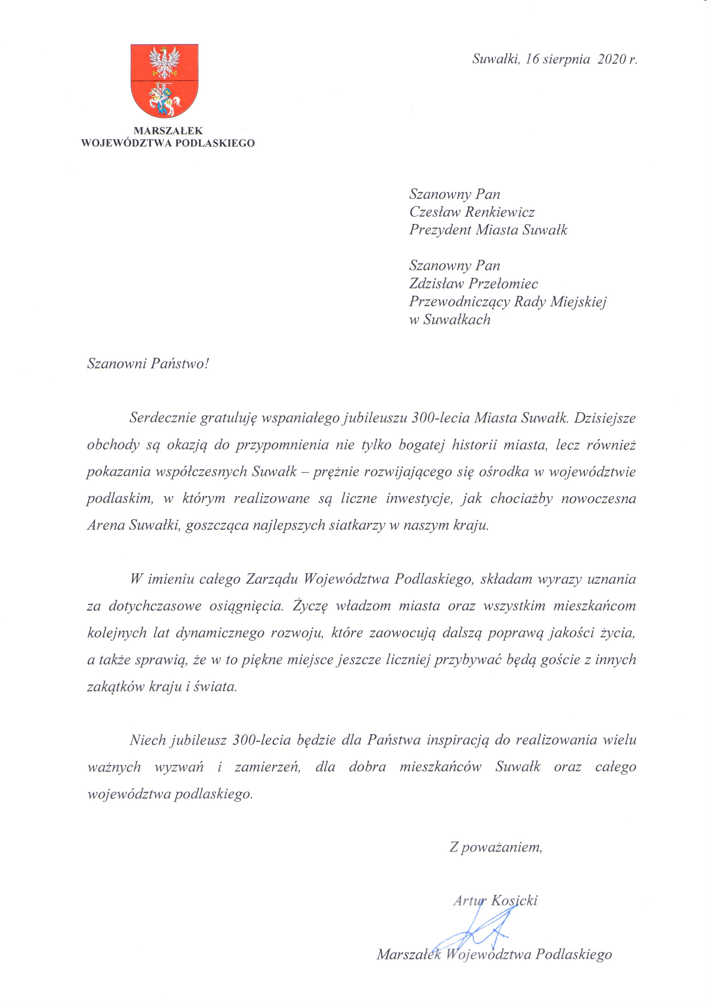 List gratulacyjny Marszałka Województwa Podlaskiego