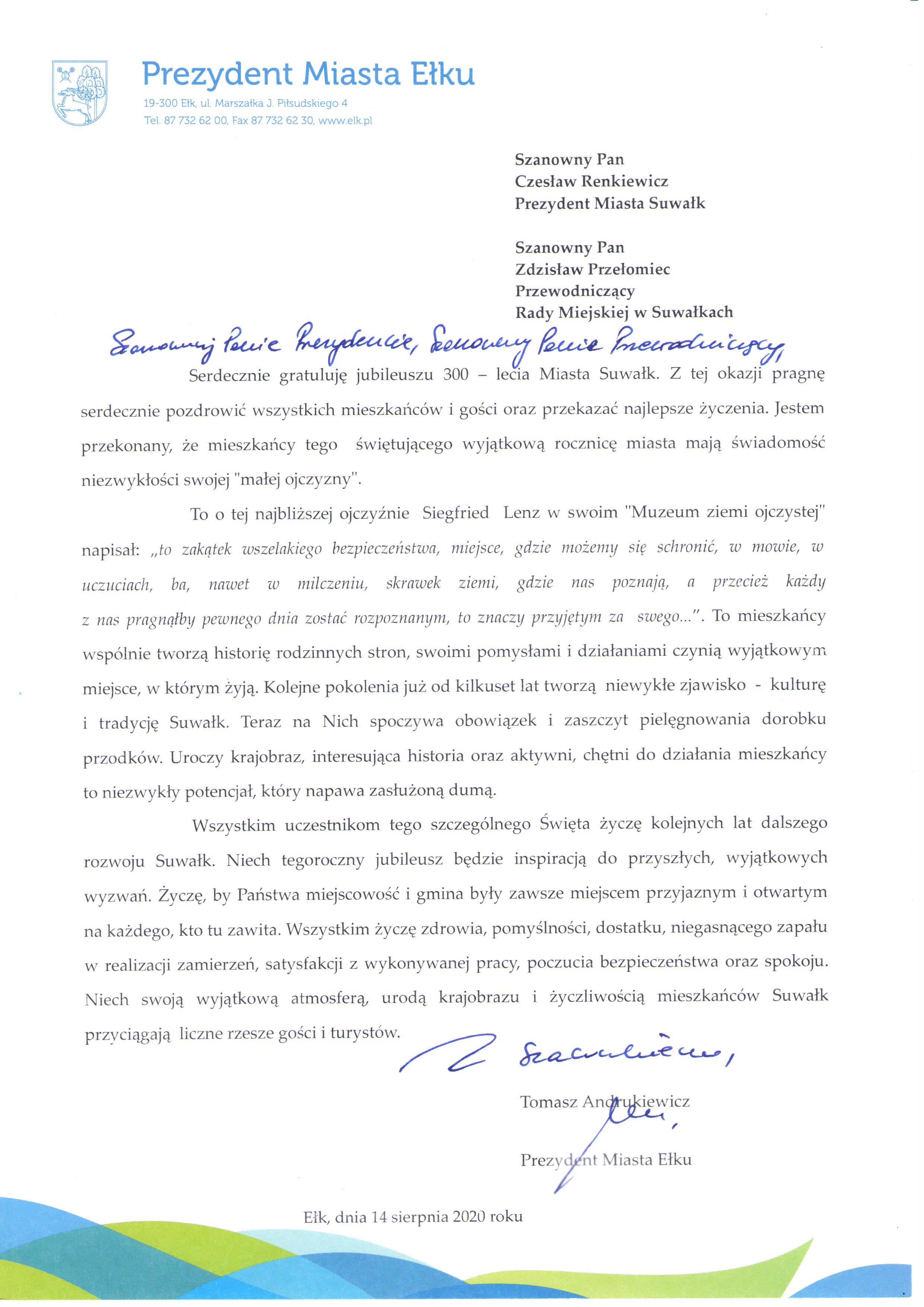 List gratulacyjny Prezydenta Miasta Ełku